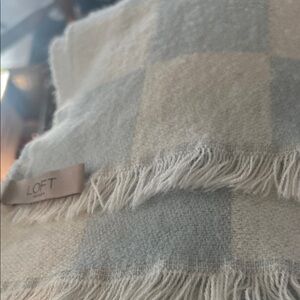 LOFT Checkered Large Scarf - White and Light Blue. Approx 24 by 48 inches